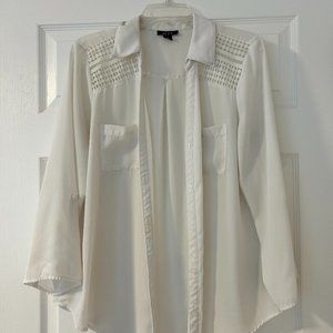 Alyx Sheer White Cream Formal Blouse Button Up with Cutouts Large